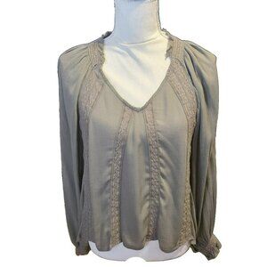 Millibon Olive Green Flowy Long Sleeve Top with Embroidery in Size Medium